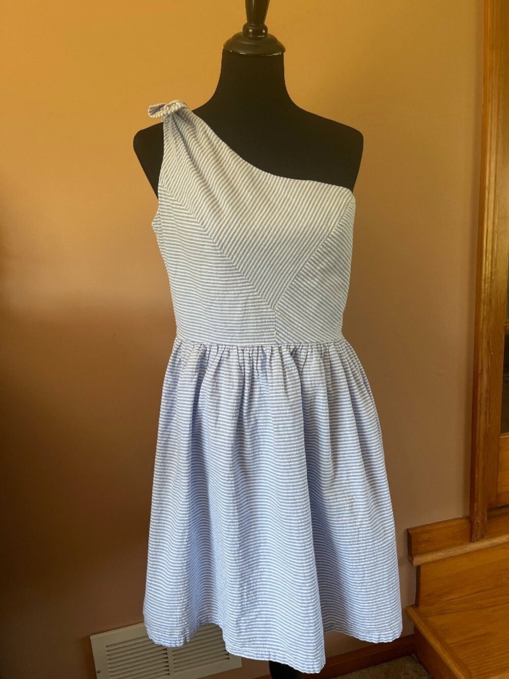 Oleg Cassini Blue and White Seersucker One Shoulder Dress